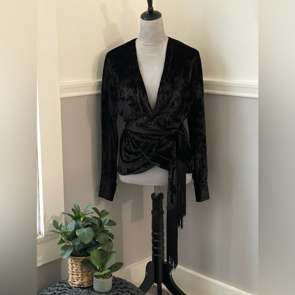 Zara Black Velvet Wrap Blouse With Tassel Ties - Picture 1 of 9